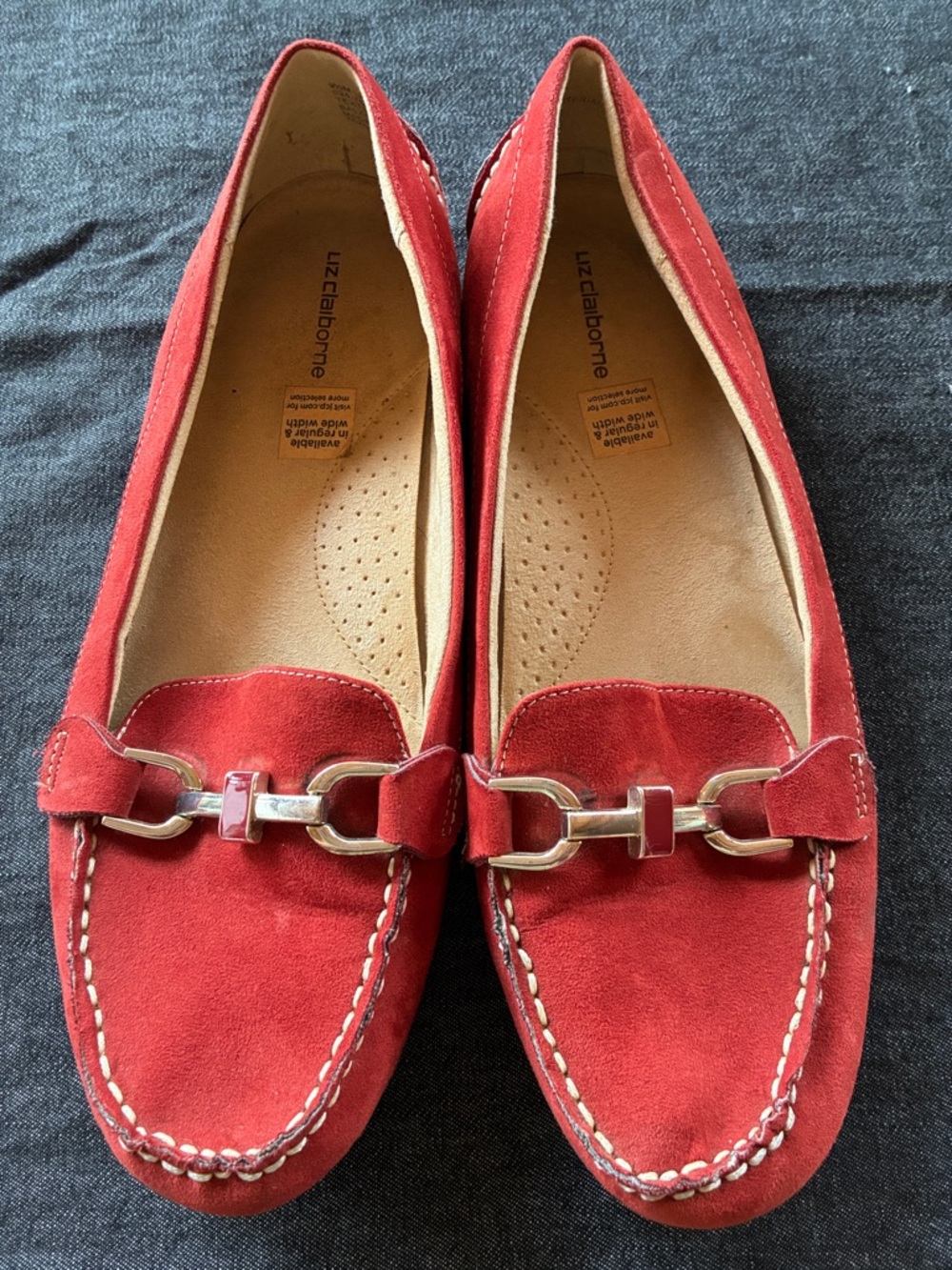 Liz Claiborne Red Suede Loafers with Silver Bit